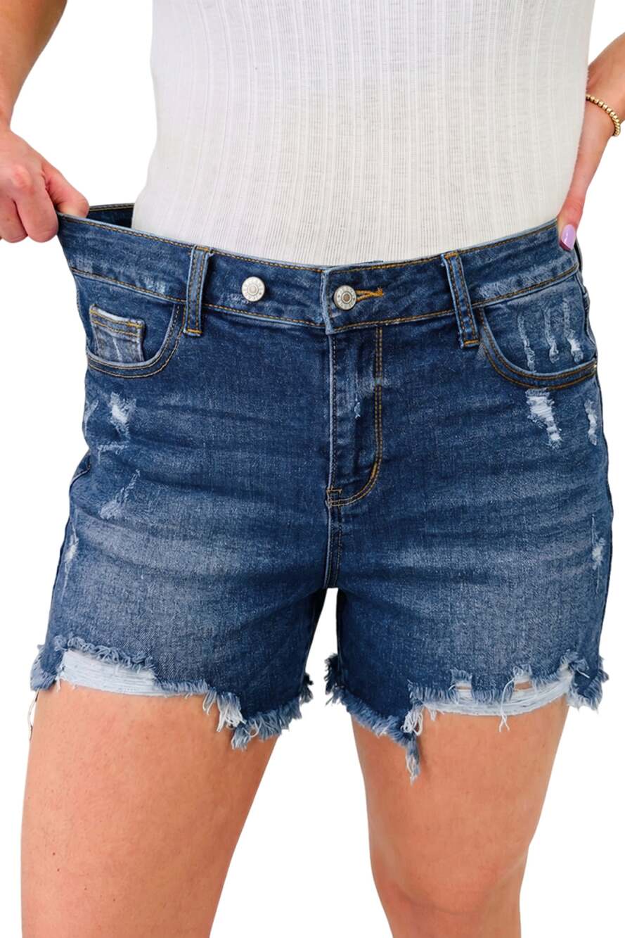 Sail Blue Asymmetric Raw Hem Distressed Whiskery Denim Shorts - Picture 4 of 4